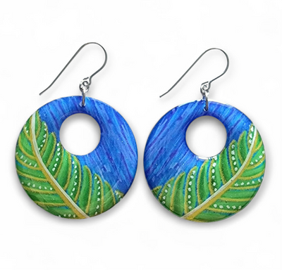 Large Round Blue Green Drop Earrings | Metallic Leaves