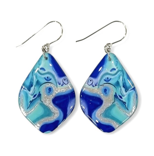 Dark Blue Teal Silver Diamond Shape Drop Earrings | Oceania