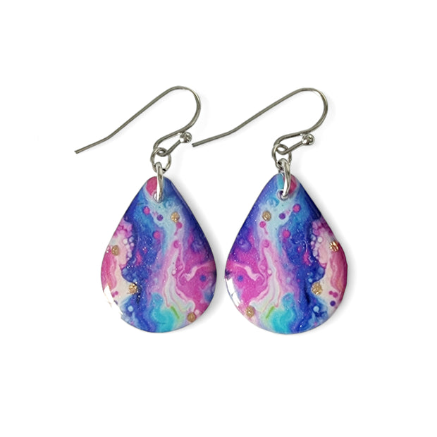 Blue Magenta Teardrop Earrings | Gold Dots