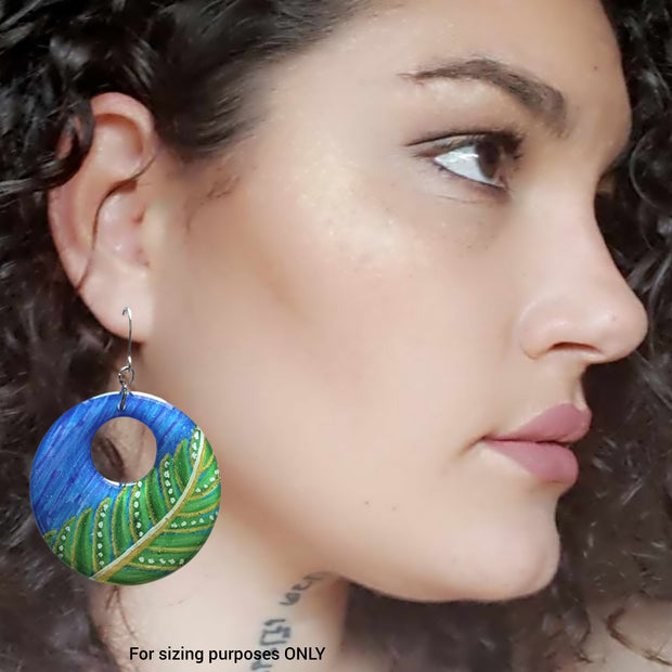 Large Round Blue Green Drop Earrings | Metallic Leaves