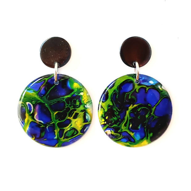 Deep Blue, Citrus Lime  & Black Stud drop Earrings