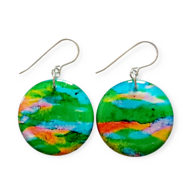 Neon Green Sky Blue Circle Drop Earrings | Watercolour