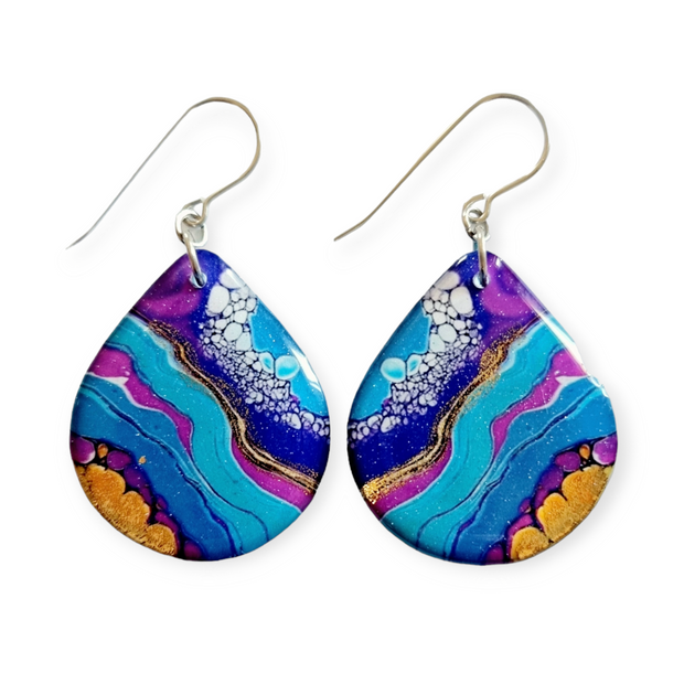 Sky Blue Violet Purple Magenta Teardrop Earrings | Resin Pour II | CHOOSE SIZE