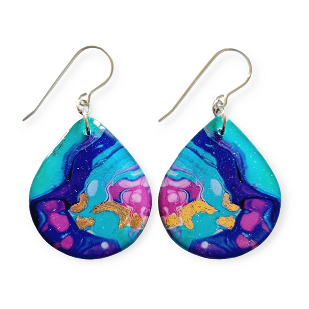 Sky Blue Violet Purple Magenta Teardrop Earrings | Gold Infused