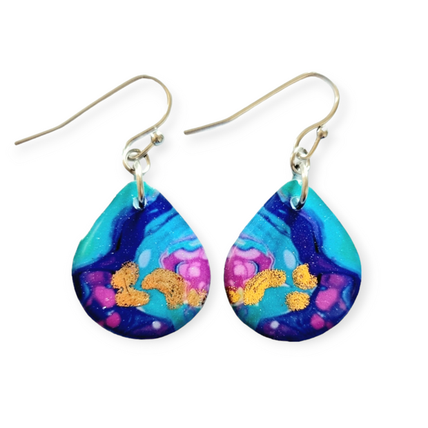 Sky Blue Violet Purple Magenta Teardrop Earrings | Gold Infused