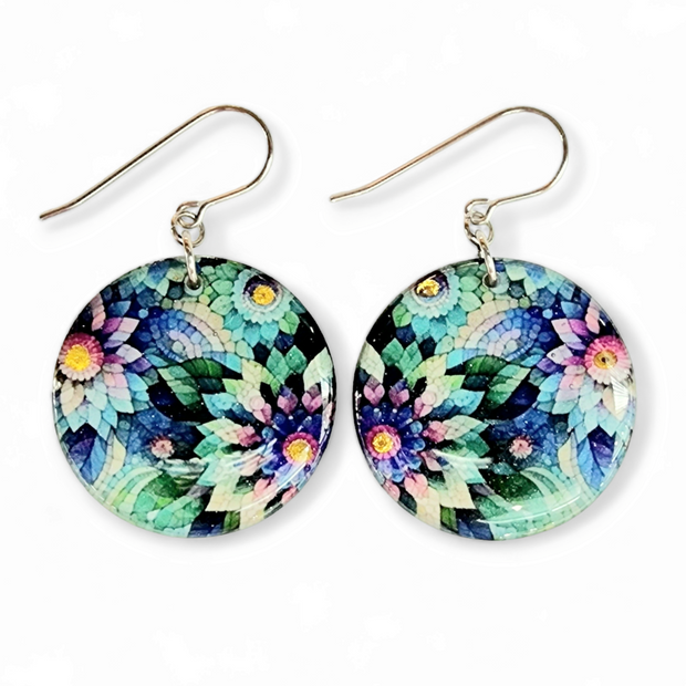 Teal Blue Flower Circle Drop Earrings | Mosaic