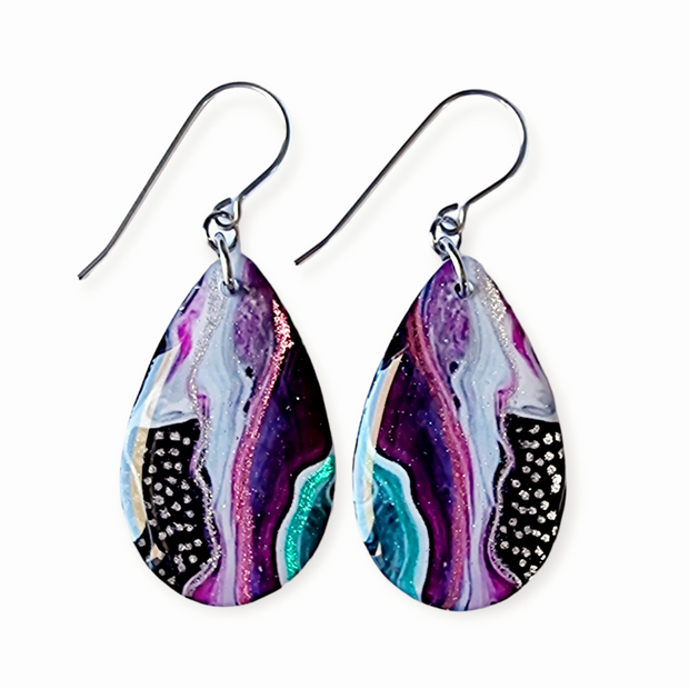 Mulberry Turquoise Black Long Teardrop Shape Earrings | Metallic Series