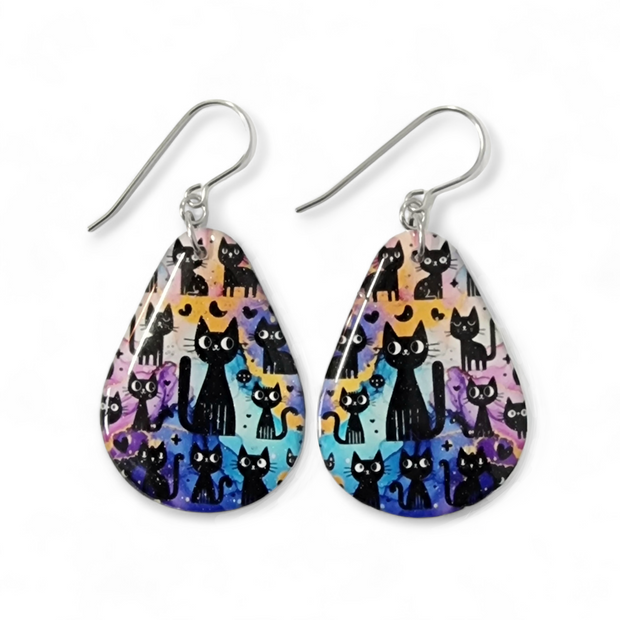 *SALE*Black Cat Rainbow Long Teardrop Earrings | KittyKat