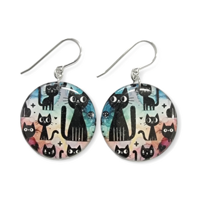 Black Cat Rainbow Watercolour Circle Drop Earrings | KittyKat