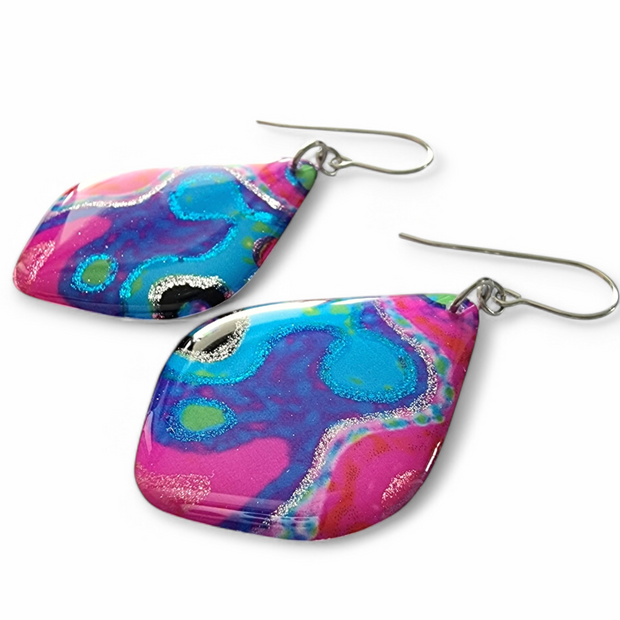 Handpainted Purple Turquoise Pink Diamond Shape Earrings | Silver Lining