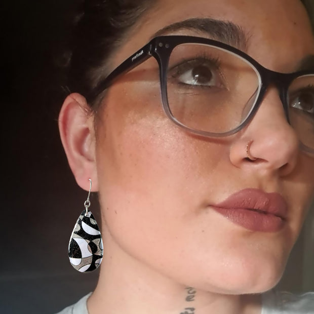 Handpainted Black White Silver Long Teardrop Earrings I Series II