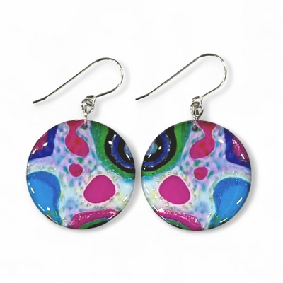 Multicoloured Abstract Silver Circle Drop Earrings | Rainbow Rockery