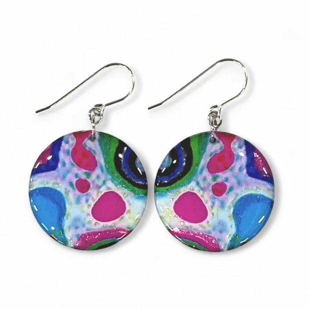 Multicoloured Abstract Silver Circle Drop Earrings | Rainbow Rockery