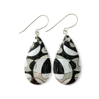Handpainted Black White Silver Long Teardrop Earrings I Series II