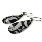 Handpainted Black White Silver Long Teardrop Earrings I Series II